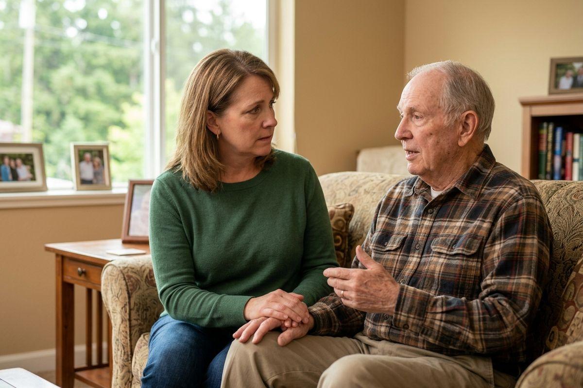 Younger adult listening attentively to an older adult talking on a couch in a living room.