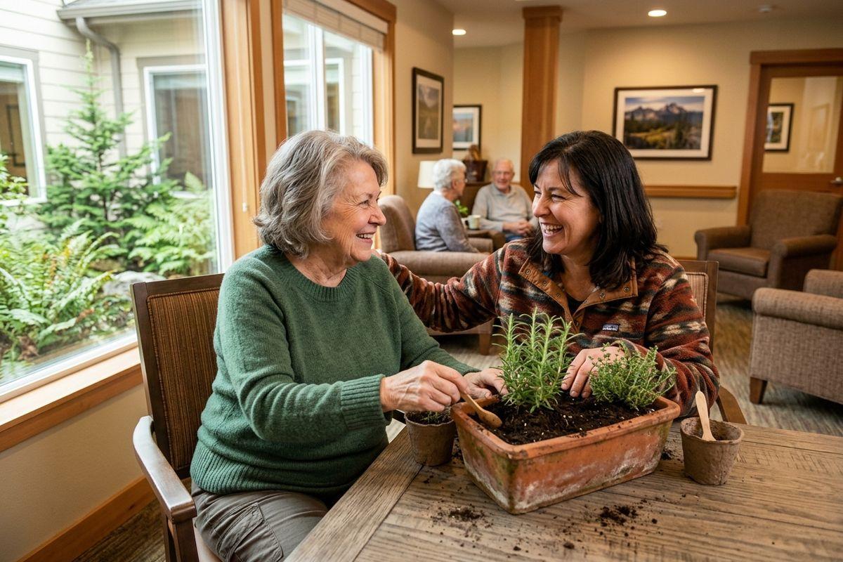 Two adults smiling at each other while planting herbs in a container at a table, with people seated in a lounge behind them.