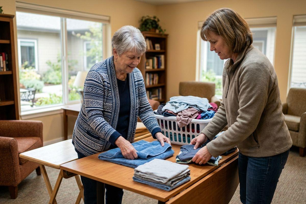 Two adults folding laundry together at a table with a basket of clothes in a living room.