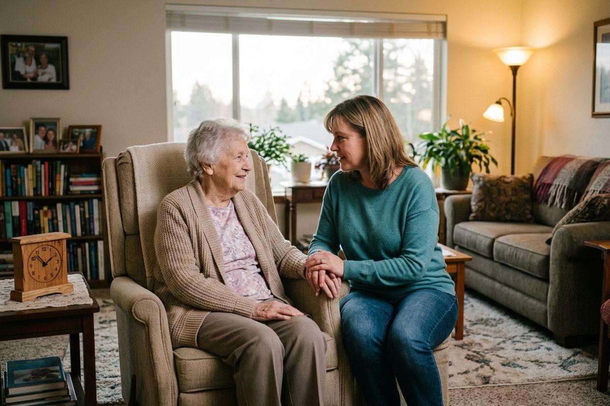 Younger adult holding hands with smiling elderly person seated in an armchair in a living room.