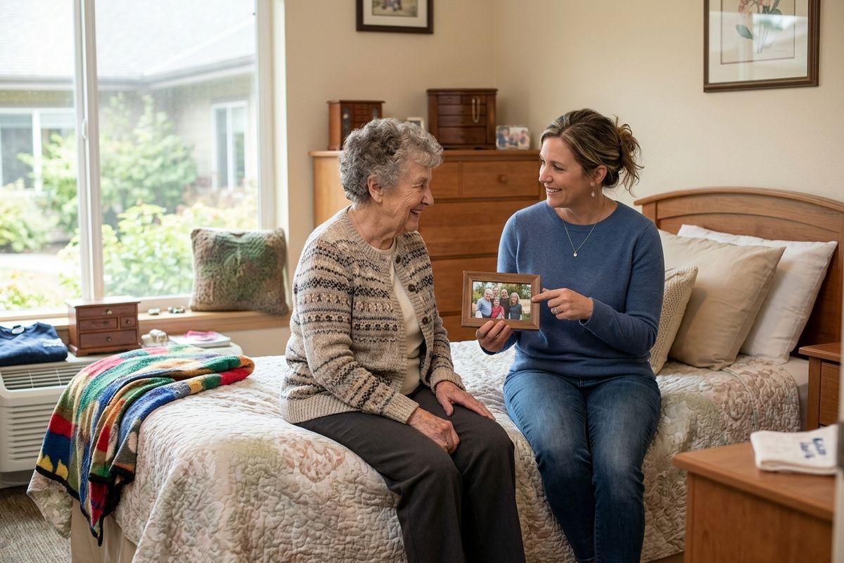 Two adults sit on a bed in a bedroom, smiling at each other as one holds up a framed family photo.