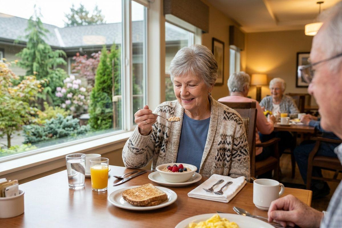 Older adult smiling while eating cereal with berries at a dining table with toast and juice, others seated nearby by a window.