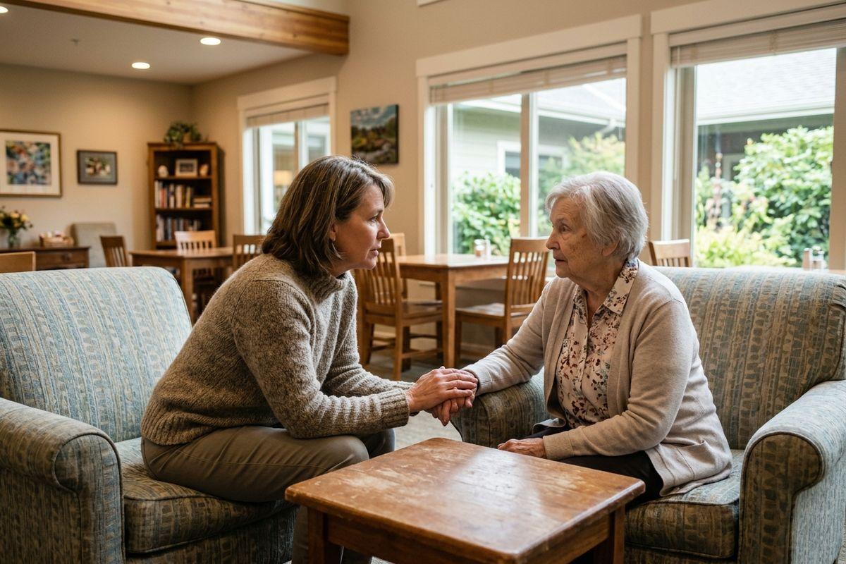 Adult holding hands with an older adult, both seated in armchairs facing each other in a bright living room.