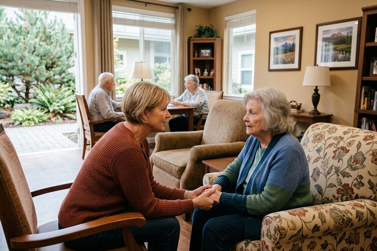 Adult holding hands with an older person seated in a floral armchair, talking, in a sunlit living room with others nearby.